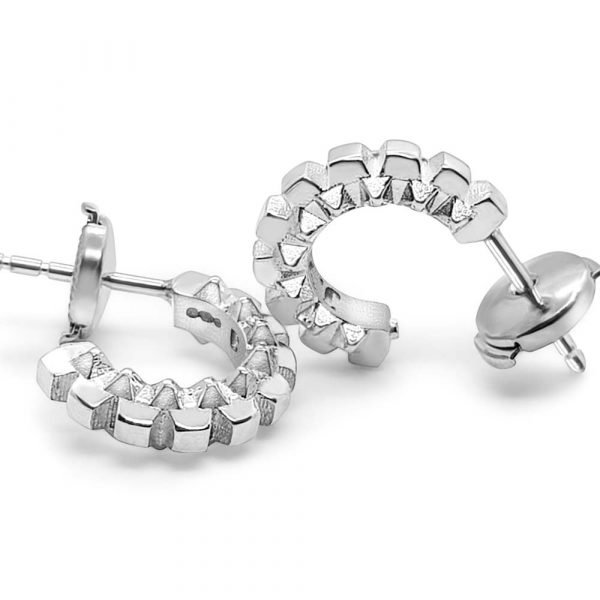 silver hoop earrings with cubes and pyramid styling